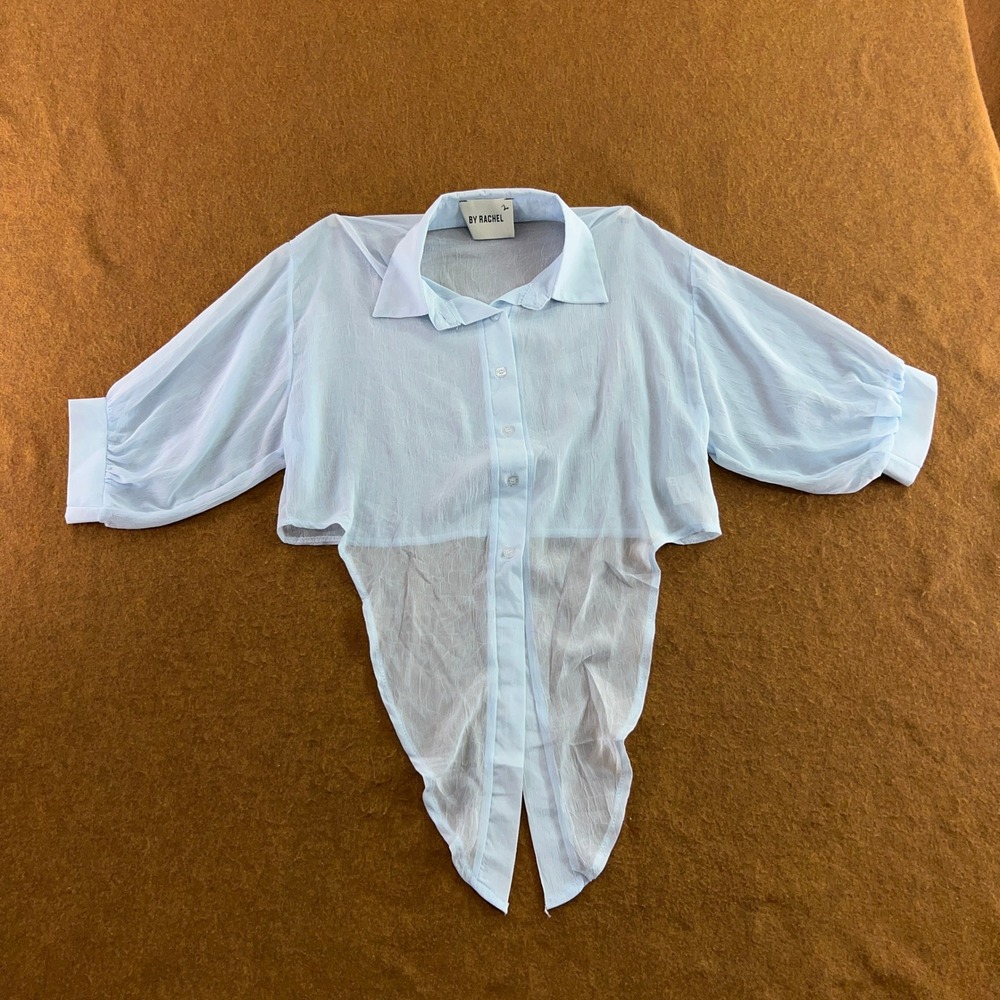 By Rachel Womens 2 Light Blue Sheer High Low Balloon Sleeve Button Up Blouse New
